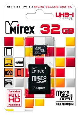 Карта памяти Mirex microSDHC UHS-I (Class 10) 32GB + адаптер [13613-ADSUHS32]