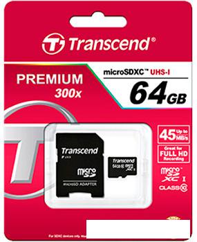Карта памяти Transcend microSDXC Premium Class 10 64GB + адаптер [TS64GUSDXC10]