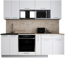 Готовая кухня Интерлиния Мила Gloss 2.2 (белый софт/белый софт/травертин серый)