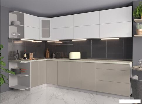 Угловая кухня Интерлиния Мила Матте 1.5x3.0 А левая (белый/луна/опал светлый)