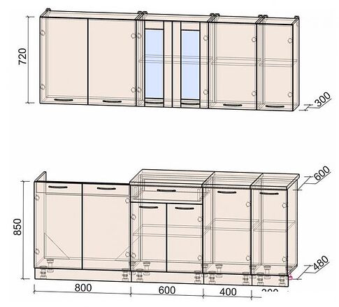 Готовая кухня Интерлиния Мила 21 (вудлайн кремовый-графит-бискайская сосна)