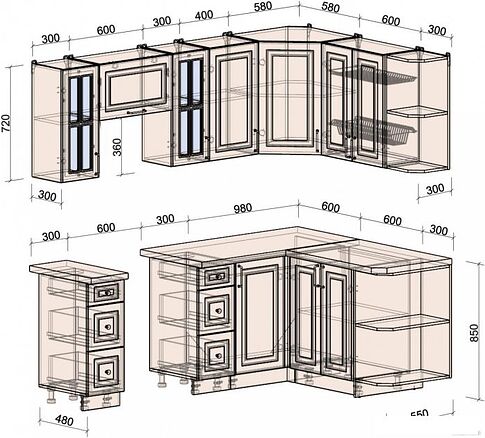 Готовая кухня Интерлиния Мила Шато 1.5x2.2 правая (белый/белый/кастилло темный)