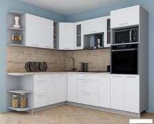 Готовая кухня Интерлиния Мила Gloss 1.88x2.4 левая (белый софт/белый софт/травертин серый)
