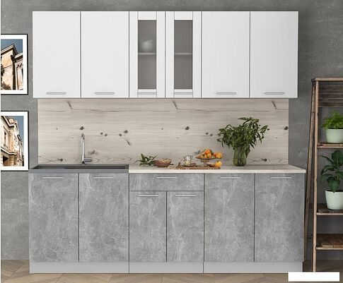 Готовая кухня Интерлиния Мила 22 (бетон/белый платинум глянец/бискайская сосна)