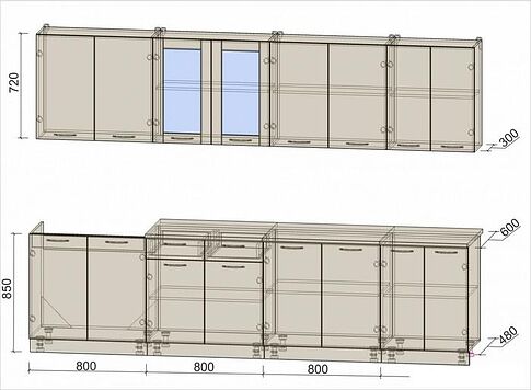 Готовая кухня Интерлиния Мила 30 (бетон лайт/дуб веллингтон/опал светлый)