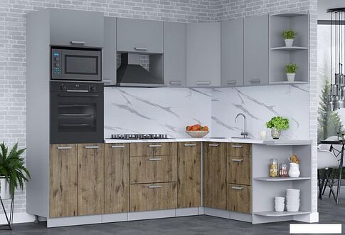 Готовая кухня Интерлиния Мила Лайт 1.68x2.4 правая (серебро/дуб веллингтон/белый гранит)