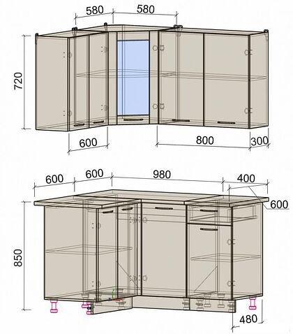 Готовая кухня Интерлиния Мила 12x14 (персидский жемчуг-антрацит-травертин серый)