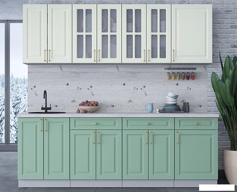 Готовая кухня Интерлиния Мила Шато 2.3А (белый/мята/бискайская сосна)