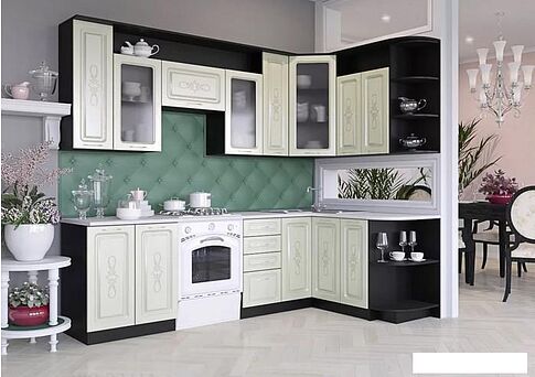 Готовая кухня Артём-Мебель Виола СН-114 со стеклом МДФ 2.6x1.5 Правая (жемчуг текстурный)