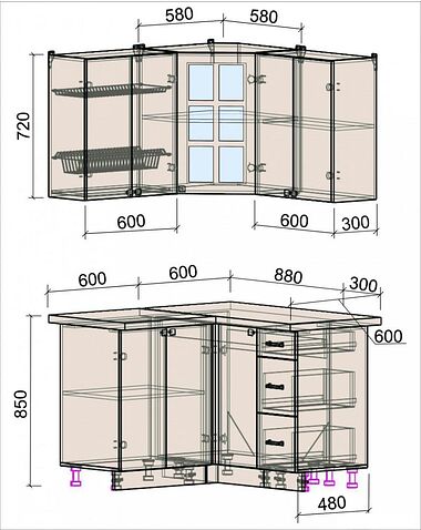 Угловая кухня Интерлиния Мила Деко 1.2x1.2 (мята/травертин серый)