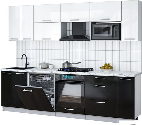 Готовая кухня Интерлиния Мила Gloss 2.7-ПМ2 (черный глянец/белый глянец/белый гранит)