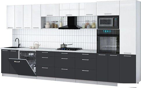 Готовая кухня Интерлиния Мила Gloss 4.0-ПМ1 (пепел/белый глянец/серый каспий)