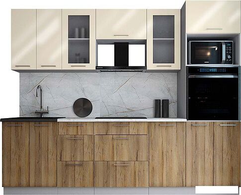 Готовая кухня Интерлиния Мила Gloss 2.6 (ваниль глянец/дуб вотан/травертин серый)