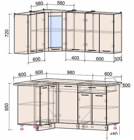 Готовая кухня Интерлиния Мила 12x16 (бетон-бетон-кастилло темный)