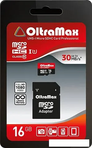 Карта памяти Oltramax Elite OM016GCSDHC10UHS-1-ElU1 microSDHC 16GB (с адаптером)