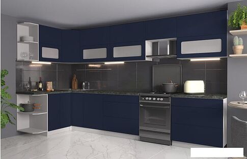 Готовая кухня Интерлиния Мила Матте 1.5x3.6 Б левая (индиго/индиго глянец/кастилло темный)