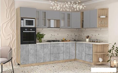 Готовая кухня Интерлиния Мила 1.88x3.0 правая (серебристый/бетон/бискайская сосна)