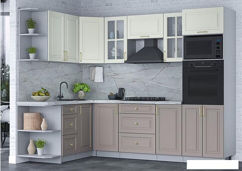 Готовая кухня Интерлиния Мила Шато 1.68x2.6 ВТ левая (белый/луна/серый каспий)