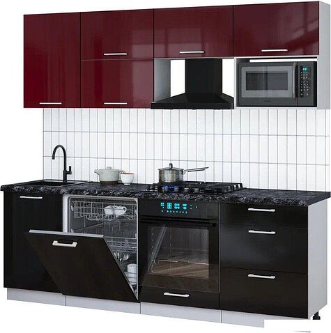 Готовая кухня Интерлиния Мила Gloss 2.3-ПМ2 (черный глянец/бордовый глянец/кастилло темный)
