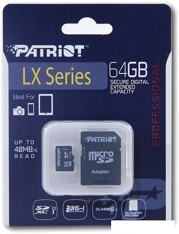Карта памяти Patriot microSDXC LX Series (Class 10) 64GB + адаптер [PSF64GMCSDXC10]