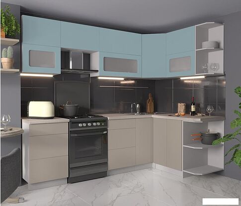 Угловая кухня Интерлиния Мила Матте 1.5x2.5 Б правая (океан/луна/травертин серый)