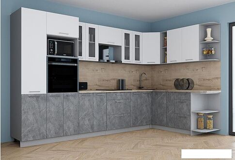 Готовая кухня Интерлиния Мила Gloss 1.88x3.4 правая (белый софт/керамика/травертин серый)