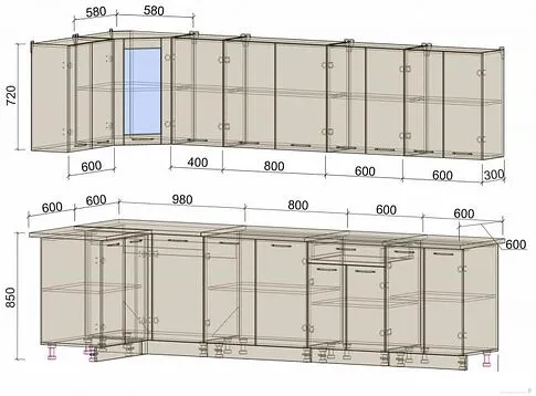 Готовая кухня Интерлиния Мила 12x30 (дуб веллингтон/дуб веллингтон/травертин серый)