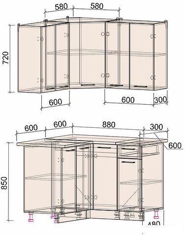 Готовая кухня Интерлиния Мила Лайт 1.2x1.2 (дуб белый-дуб золотой-дуб бунратти)