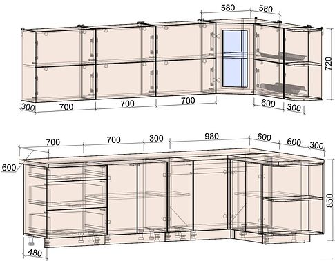 Готовая кухня Интерлиния Мила Матте 1.5x2.7 А левая (луна-луна-травертин серый)