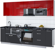 Готовая кухня Интерлиния Мила Gloss 2.7-ПМ2 (пепел/красный глянец/кастилло темный)