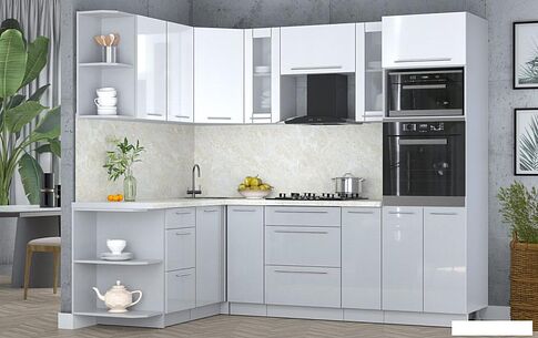 Готовая кухня Интерлиния Мила Пластик 1.68x2.4 LV (белый глянец/туманный глянец/опал светлый)