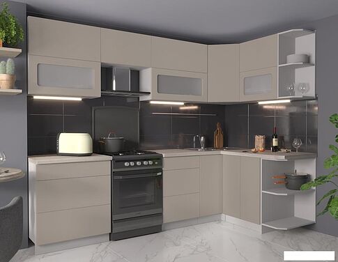 Готовая кухня Интерлиния Мила Матте 1.5x2.7 Б правая (луна-луна-травертин серый)