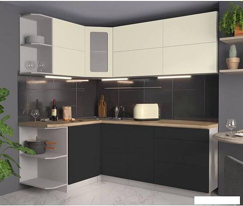 Готовая кухня Интерлиния Мила Матте 1.5x2.1 А левая слоновая кость/пепел/травертин серый