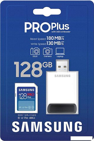Карта памяти Samsung PRO Plus 2023 SDXC 128GB (с кардридером)