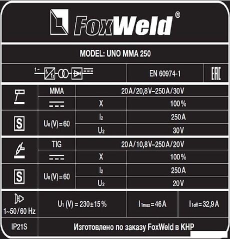 Сварочный инвертор FoxWeld UNO MMA 250 7398