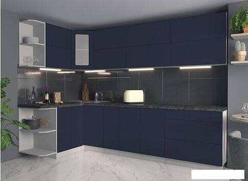 Готовая кухня Интерлиния Мила Матте 1.5x2.9 А левая (индиго/индиго глянец/кастилло темный)