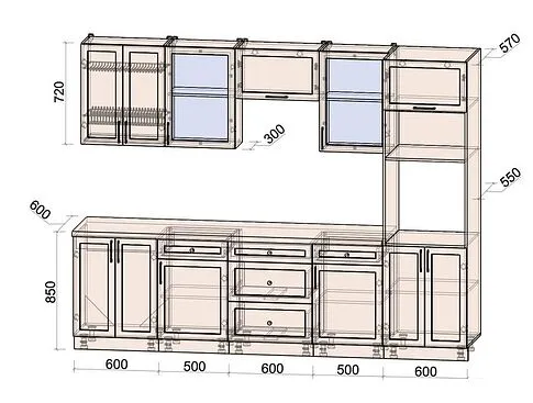 Готовая кухня Интерлиния Тренд 2.8В (слоновая кость/слоновая кость/кастилло темный)