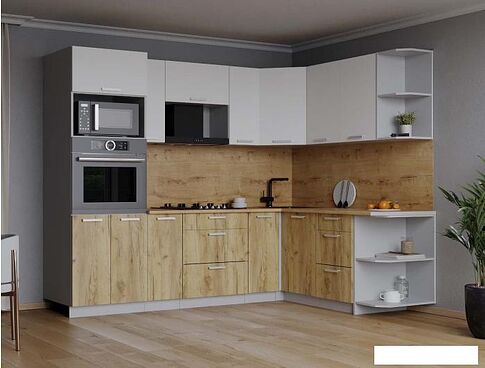 Готовая кухня Интерлиния Мила Лайт 1.68x2.4 правая (белый платинум/дуб золотой/дуб бунратти)