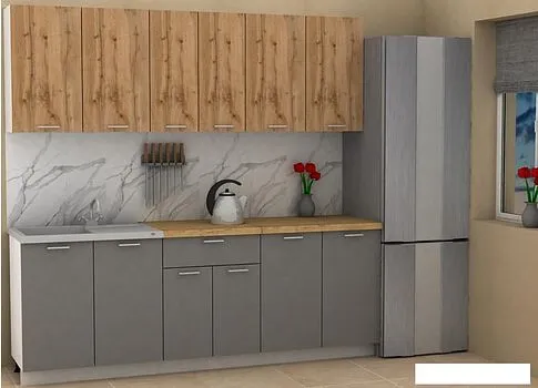 Готовая кухня ЭлиГард Lion 2.2 (дуб натуральный/дымчатый алмаз/дуб бунратти)