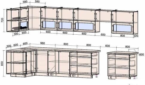 Готовая кухня Интерлиния Мила Матте 1.5x4.0 Б правая (луна-луна-травертин серый)