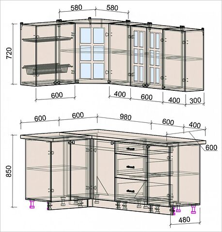 Готовая кухня Интерлиния Мила Деко 1.2x2.0 (керамика/белый/опал светлый)