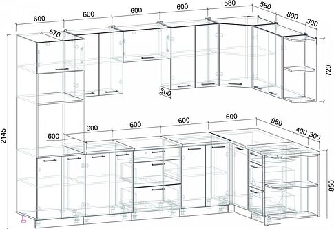 Готовая кухня Интерлиния Мила Лайт 1.68x3.0 правая (серебро/дуб веллингтон/белый гранит)
