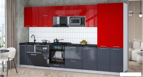 Готовая кухня Интерлиния Мила Gloss 3.7-ПМ2 (асфальт глянец/красный глянец/кастилло темный)
