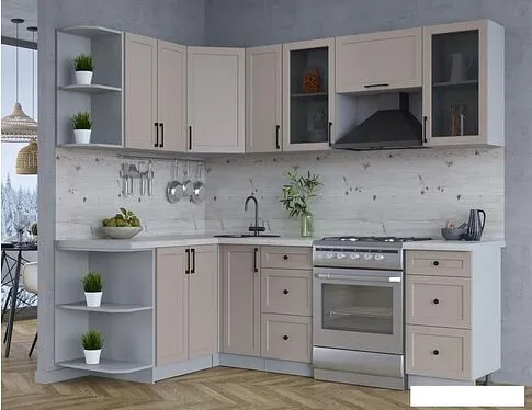 Готовая кухня Интерлиния Тренд 1.5x2.3 левая (луна/луна/бискайская сосна)