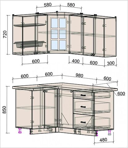 Готовая кухня Интерлиния Мила Деко 1.2x1.6 (индиго/индиго/опал светлый)