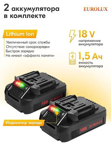 Дрель-шуруповерт Eurolux ДА-18DU-2 900/72/14/65 (с 2-мя АКБ, кейс)