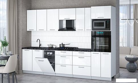 Готовая кухня Интерлиния Мила Gloss 3.05-ПМ3 (белый глянец/белый глянец/кастилло темный)