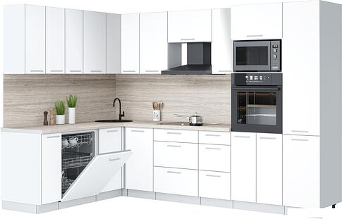 Готовая кухня Интерлиния Мила Лайт 1.896х2.98 (белый платинум/белый платинум/травертин серый)