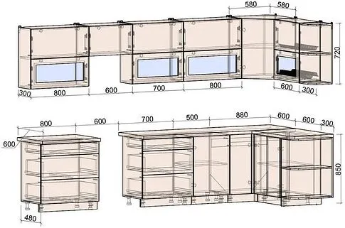Готовая кухня Интерлиния Мила Матте 1.5x3.5 Б правая (слоновая кость/мята/травертин серый)