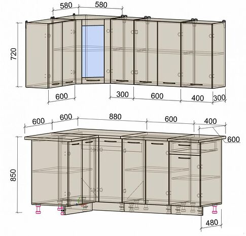 Готовая кухня Интерлиния Мила 12x19 (серебро/дуб веллингтон/белый гранит)